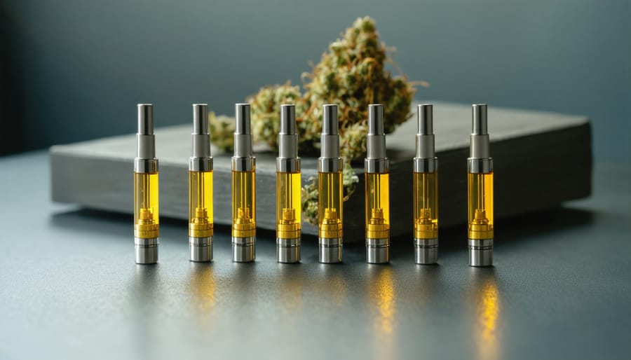 Person holding transparent THC vape cartridge examining its contents