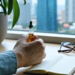 Close-up of a hand holding a transparent Delta-9 THC vape cartridge, with a blurred journal, pen, and eyeglasses on a desk and a cool city view through a window, conveying thoughtful evaluation of cannabis and mental health.