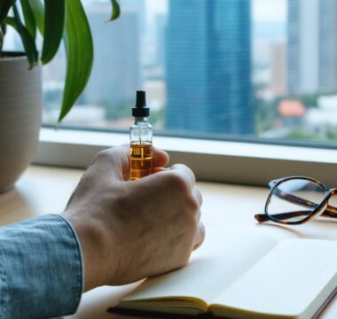 Close-up of a hand holding a transparent Delta-9 THC vape cartridge, with a blurred journal, pen, and eyeglasses on a desk and a cool city view through a window, conveying thoughtful evaluation of cannabis and mental health.
