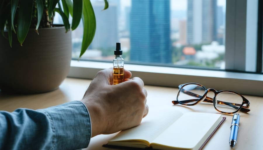 Close-up of a hand holding a transparent Delta-9 THC vape cartridge, with a blurred journal, pen, and eyeglasses on a desk and a cool city view through a window, conveying thoughtful evaluation of cannabis and mental health.