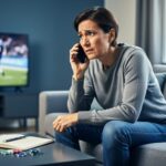 Adult on a sofa making a support call on a smartphone, with a journal, pen, and a few poker chips on the coffee table, soft daylight and a blurred TV showing indistinct sports in the background, conveying hope and help for gambling stress.