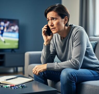 Adult on a sofa making a support call on a smartphone, with a journal, pen, and a few poker chips on the coffee table, soft daylight and a blurred TV showing indistinct sports in the background, conveying hope and help for gambling stress.