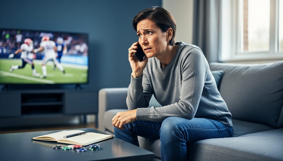 Adult on a sofa making a support call on a smartphone, with a journal, pen, and a few poker chips on the coffee table, soft daylight and a blurred TV showing indistinct sports in the background, conveying hope and help for gambling stress.