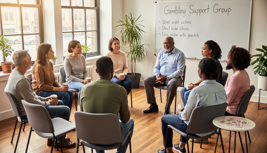 Support group meeting with people sitting in circle in naturally-lit room