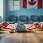 Close-up of diverse hands holding a red rope that leads to a telephone handset on a wooden table, with a softly blurred Canadian community center and flag in the background.
