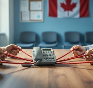 Close-up of diverse hands holding a red rope that leads to a telephone handset on a wooden table, with a softly blurred Canadian community center and flag in the background.