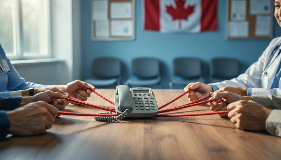 Close-up of diverse hands holding a red rope that leads to a telephone handset on a wooden table, with a softly blurred Canadian community center and flag in the background.