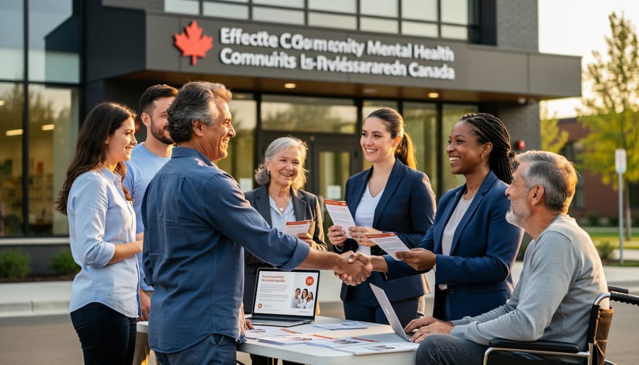 Diverse group of people holding hands in supportive circle at community center