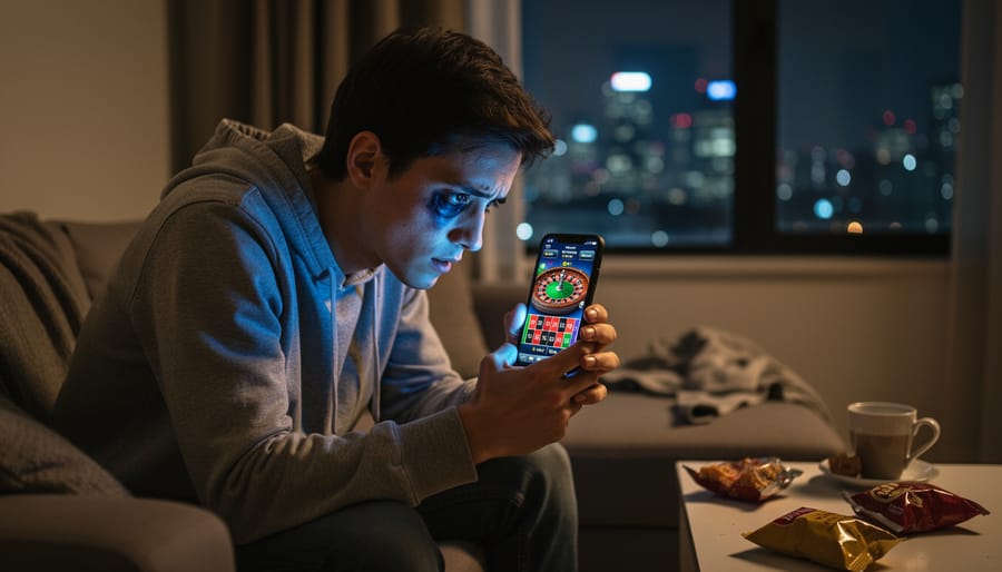 Person sitting alone on bed looking at smartphone in dimly lit room