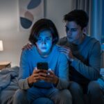 Young adult on a bed at night with face lit by a smartphone and a friend’s hand on their shoulder, blurred bedroom and city lights in the background, suggesting online gambling stress and support.