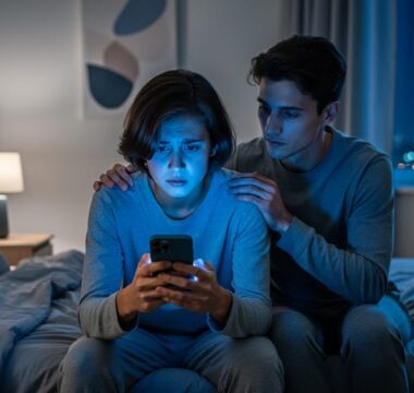 Young adult on a bed at night with face lit by a smartphone and a friend’s hand on their shoulder, blurred bedroom and city lights in the background, suggesting online gambling stress and support.