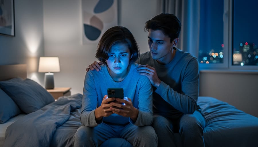 Young adult on a bed at night with face lit by a smartphone and a friend’s hand on their shoulder, blurred bedroom and city lights in the background, suggesting online gambling stress and support.