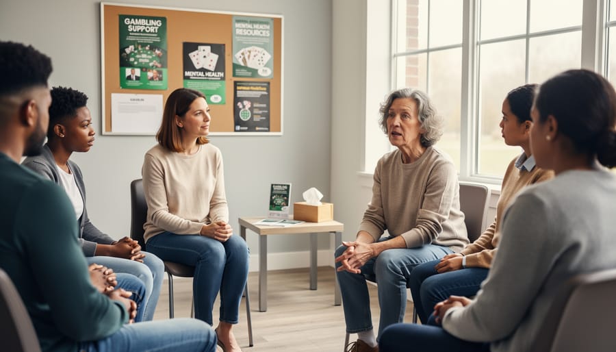 Diverse group of people sitting in circle during community support group meeting