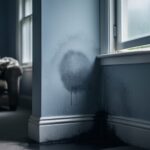 “Dim living room corner with damp-stained wall and cool shadowed lighting, suggesting the emotional stress after selling a property with damp.”