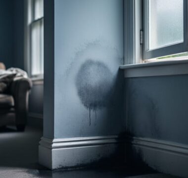 “Dim living room corner with damp-stained wall and cool shadowed lighting, suggesting the emotional stress after selling a property with damp.”