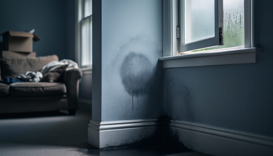 “Dim living room corner with damp-stained wall and cool shadowed lighting, suggesting the emotional stress after selling a property with damp.”