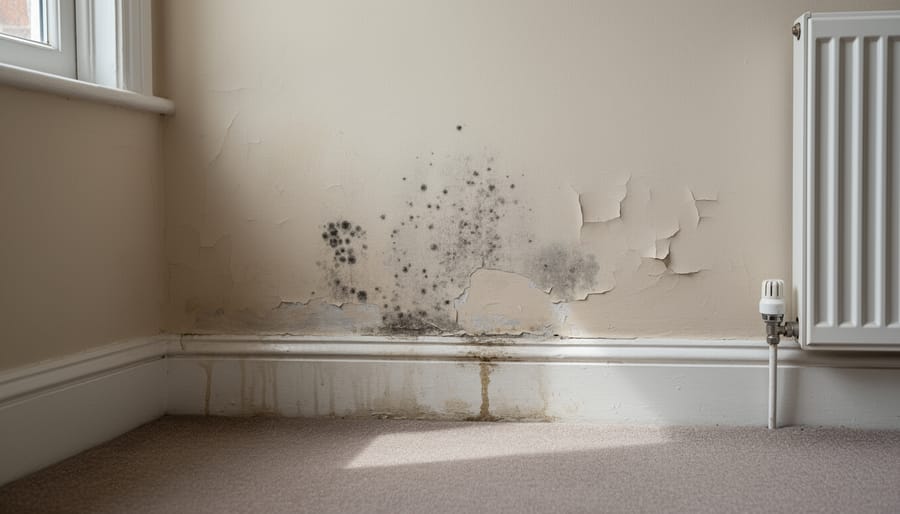 Interior of a UK living room showing peeling wallpaper and damp staining on a corner wall near a dark window.